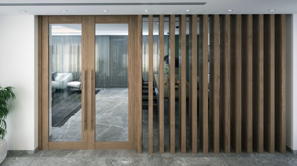 Built-in joinery wall with fluted timber panelling