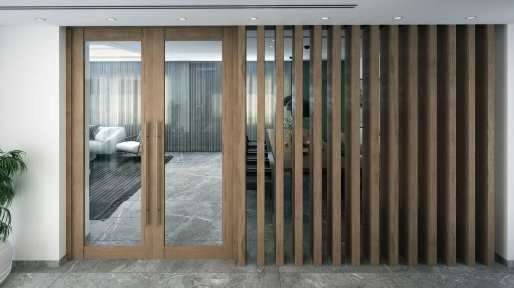 Built-in joinery wall with fluted timber panelling