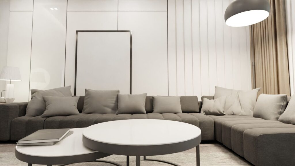 Lobby lounge seating with bench sofa and shell chairs
