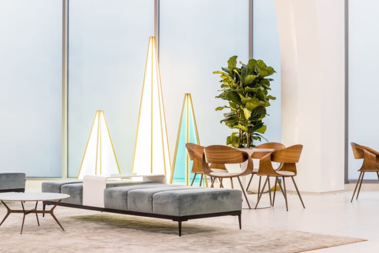 Lobby lounge seating with bench sofa and shell chairs