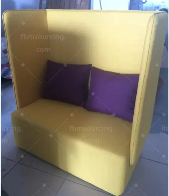 Yellow high-back two-seat lounge seating with cushions, front view at the inspection