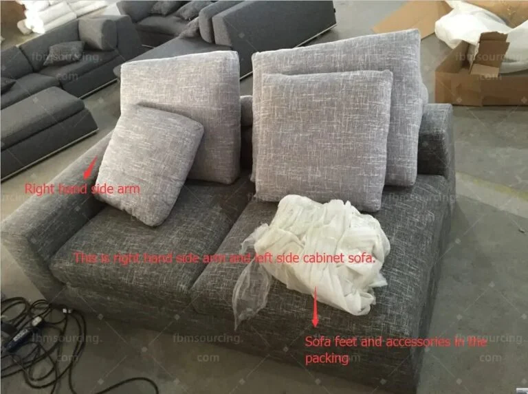 Grey fabric corner sofa module with its arm and cushions